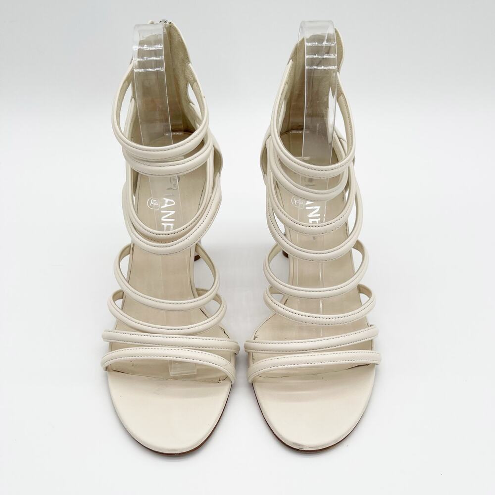 Chanel Ivory Leather Caged Coco Tower Chain Link Heel Ankle Zip Sandals EU 39 - Picture 6 of 12
